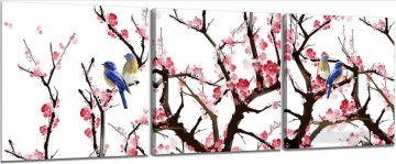  ciruelo Lienzo - pájaros en flor de ciruelo en paneles escenificados